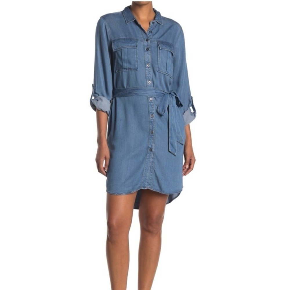 VELVET HEART Denim Chambray, Ada Rolled Tab Sleeve Button Down Shirt Dress